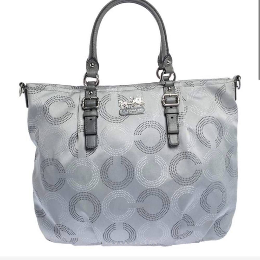 Coach Metallic Grey Op Art Nylon and Leather Satchel